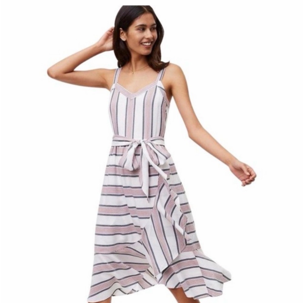 LOFT Striped Ruffle Faux Wrap Midi Dress Size 12 Feminine Preppy Nautical - Picture 1 of 8